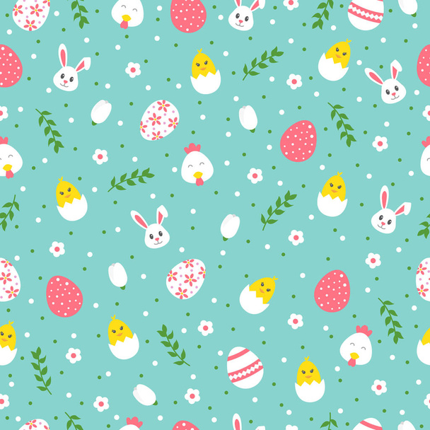 Gelukkig Pasen naadloos patroon met konijn, kuiken, ei, bloem, tak, kip op teal achtergrond. Wenskaart vector pictogrammen, cadeaupapier en wallpaper vector illustratie. - Vector, afbeelding