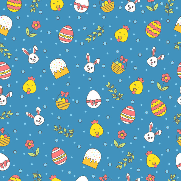 Veselé Velikonoce bezproblémové vzor s králíčkem, dort, vejce, květina, větev, kuře na modrém pozadí. Vektorové ikony blahopřání, dárkový papír a vektorová ilustrace tapety. - Vektor, obrázek