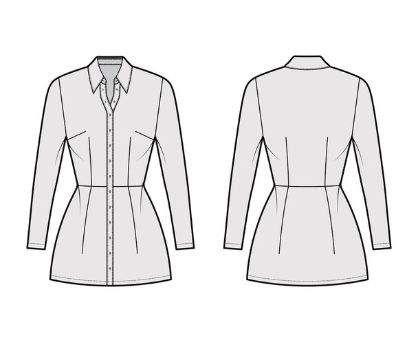 Shirt dress technical fashion illustration with regular collar, mini length, fitted body, Pencil fullness, button up - Vektori, kuva