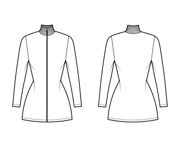 Robe zippée col roulé illustration de mode technique avec manches courtes, mini longueur, corps ajusté, plénitude crayon.  - Vecteur, image