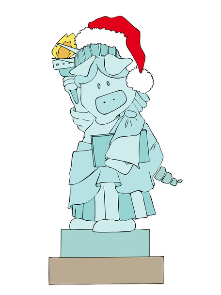 Statue of Liberty Pig with Santa Claus Hat. - Vector, Image