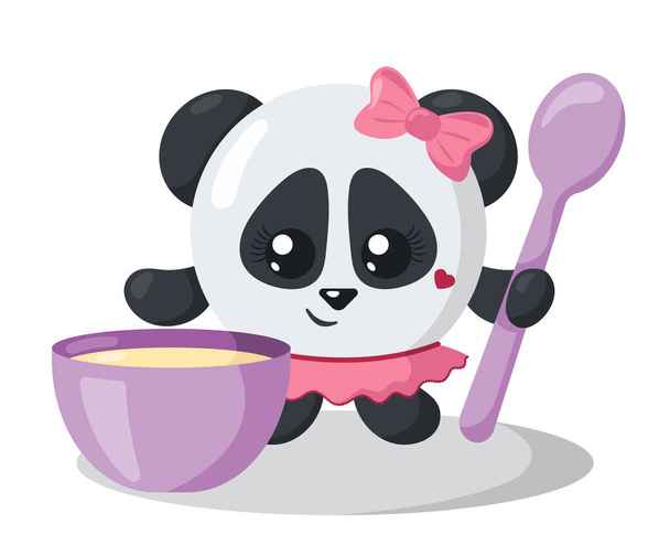 Lustiger süßer Kawaii-Panda mit rundem Körper, Löffel und Schale in flachem Design mit Schatten. Isolierte Tiervektorillustration - Vektor, Bild