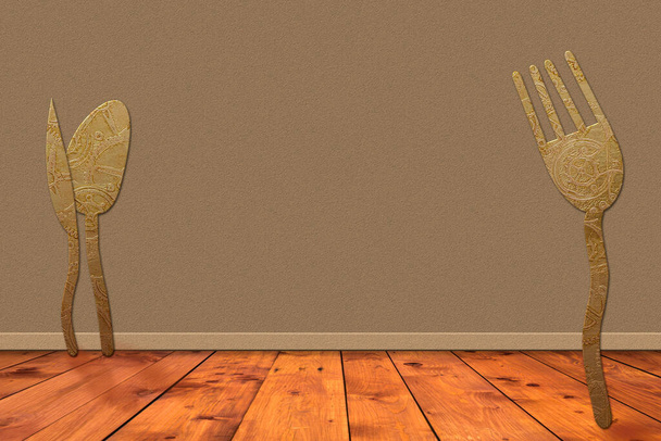 Moderne lege achtergrond voor restaurant menu. Origineel surrealistisch gouden bestek op de houten vloer in een lege kamer, met lege ruimte voor tekst. - Foto, afbeelding