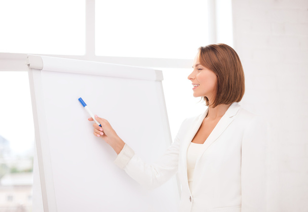 Smiling businesswoman pointing to flipchart - Foto, afbeelding