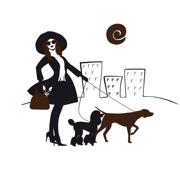  Divertente ragazza vestita alla moda in un cappello e in occhiali scuri con i cani pedigree sullo sfondo della città isolata. - Vettoriali, immagini