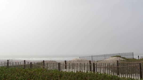 Fából készült kerítés, homokos ködös strand, Kalifornia USA. Csendes-óceáni part, köd köd a tengerparton. - Felvétel, videó