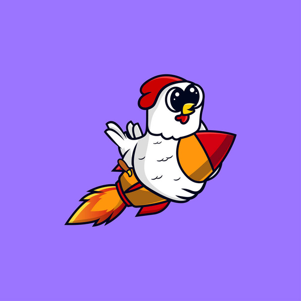 かわいい鶏はロケットで飛ぶかわいいマスコットキャラクターのロゴ。ビジネスロゴ、会社のマスコット、アイコンイラスト。平漫画風. - ベクター画像