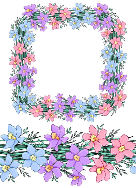 Frame and seamless border of wildflowers. Line art. Decorative isolated element for design. - Vector, Imagen