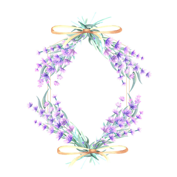 Lavender flowers in a diamond-shaped gold frame. Hand-drawn watercolor illustration. For invitations, greeting cards, prints, posters, advertising - Fotó, kép