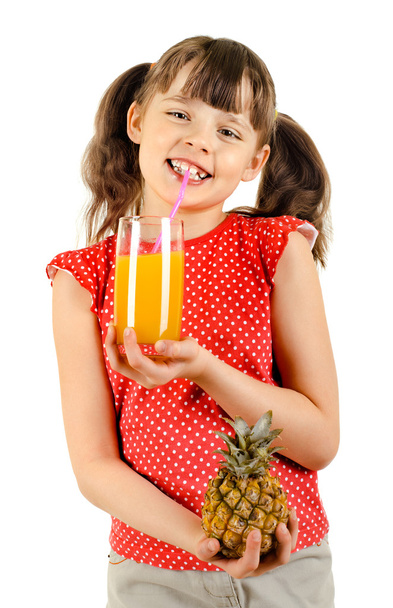 Little girl hold pineapple and   juice - Φωτογραφία, εικόνα