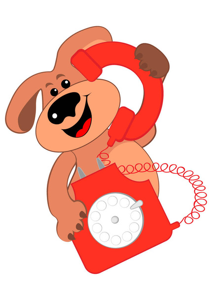 Le chien parle sur un téléphone rouge rare. Communication, nouvelles, communication. Illustration pour enfants - Vecteur, image