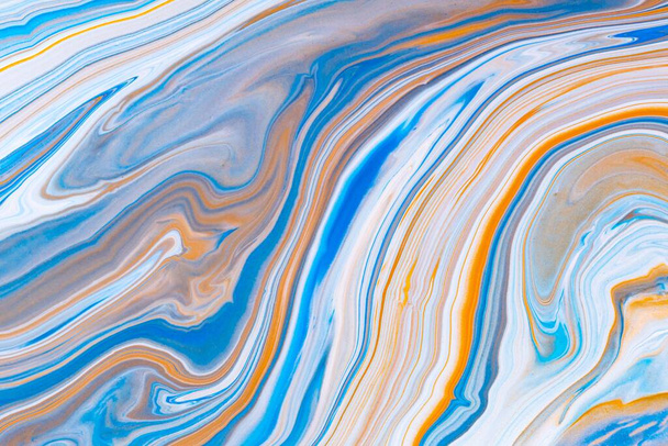 Fluid art texture. Backdrop with abstract swirling paint effect. Liquid acrylic picture with trendy mixed paints. Can be used for website background. Orange and blue overflowing colors. - Foto, imagen
