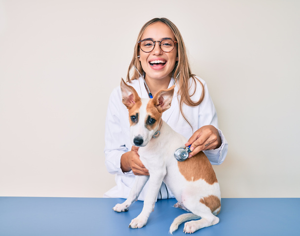 Nuori kaunis blondi eläinlääkäri nainen tarkkailun koiran terveyttä käyttäen stetoskooppi hymyilee ja nauraa kovaa ääneen, koska hauska hullu vitsi.  - Valokuva, kuva