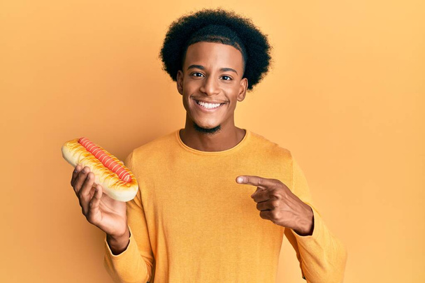 Afrikaans amerikaanse man met afro haar eten hotdog glimlachen gelukkig wijzend met hand en vinger  - Foto, afbeelding