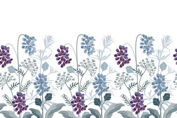 Vector floral seamless border. Blue, purple flowers, herbs and berries. - Вектор, зображення