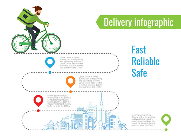 Delivery infographic. Courier rides along the road on a Bicycle delivering - Vecteur, image