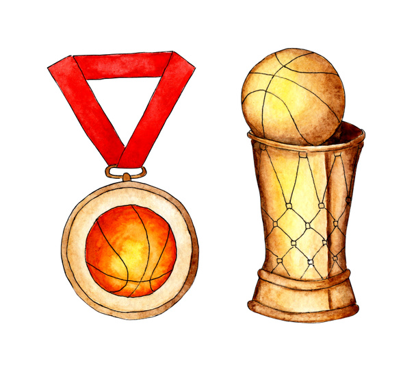 Suluboya, kırmızı kurdeleli top ve madalyalı basketbol kupası. Ödül konsepti, ödül, beyaz arka planda izole edilmiş ödüller. Elle çizilmiş.. - Fotoğraf, Görsel
