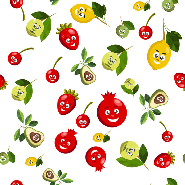 Φράουλες, κεράσια, ρόδια, Απρόσκοπτα μοτίβα με μούρα. Κόκκινα φρούτα, μούρα, φράουλα. Κόκκινο φρούτο Επίπεδη στυλ κινουμένων σχεδίων Μεγάλη για επιτραπέζια σκεύη κουζίνας - Διάνυσμα, εικόνα