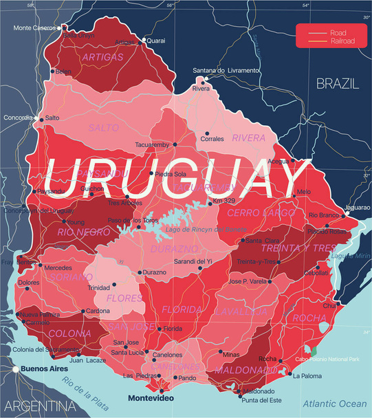 Uruguay paese mappa dettagliata modificabile - Vettoriali, immagini