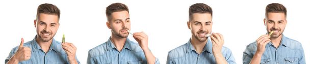 Collage of handsome young man with lip balms on white background - Fotó, kép