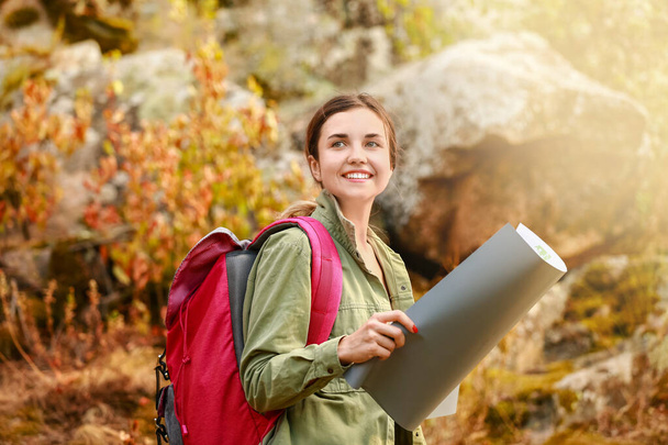 Young female tourist with map in mountains - Foto, Bild