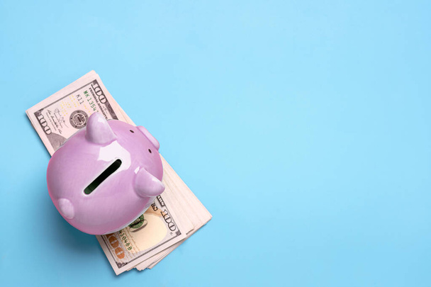 pink piggy bank on dollars banknote background Buying, sale, investment, banking, loan, insurance concept Flat lay Top view Business and finance - 写真・画像