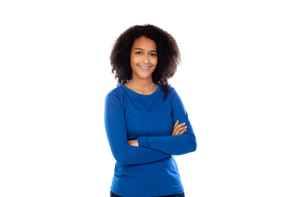 Дівчина-підліток в синьому светрі ізольована на білому тлі
 - Фото, зображення