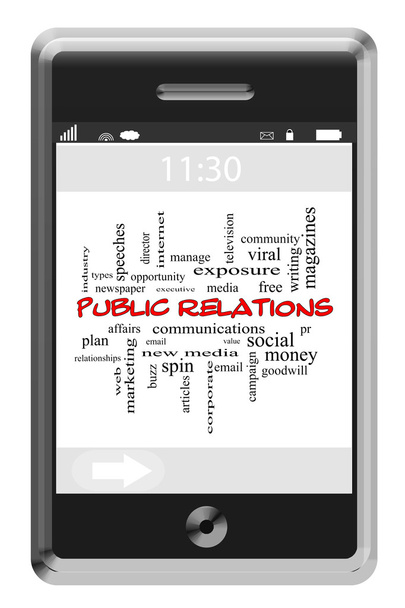 Halkla ilişkiler bulut kavramı bir dokunmatik telefon üzerinde kelime. - Fotoğraf, Görsel
