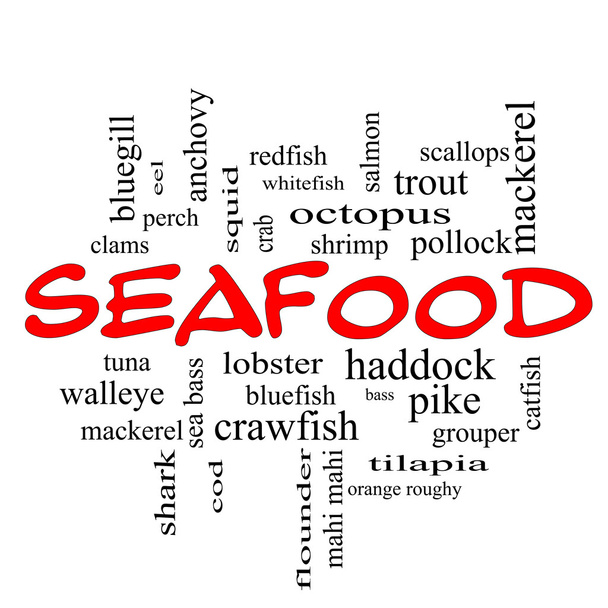 Seafood Word Cloud käsite punaisissa korkeissa
 - Valokuva, kuva