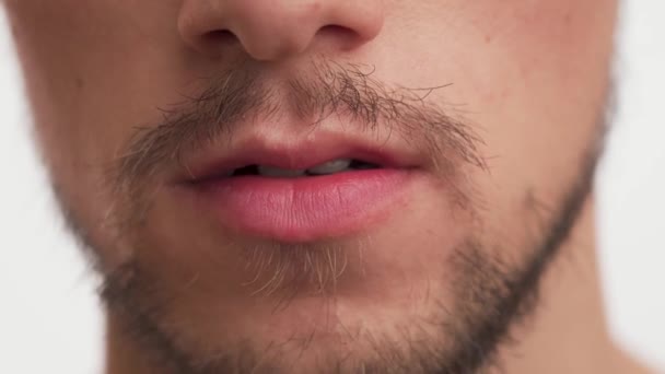 Close-up gezichtsopname van mannelijke mond, roze lippen, scheef gebit op witte achtergrond. Een Europese brunette bebaarde man met donkerbruine snor spreekt iets, praat met camera binnen. - Video