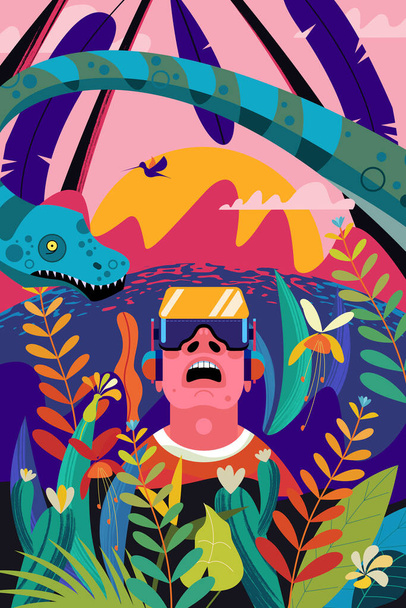 Virtual reality. A man wearing virtual reality glasses in the Mesozoic jungle. Adventures among dinosaurs and snakes. Vector illustration. - Διάνυσμα, εικόνα