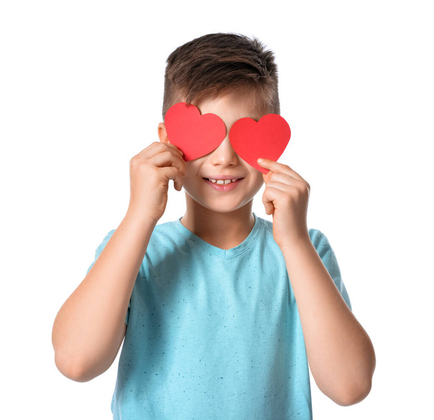 Cute little boy with red hearts on white background - 写真・画像