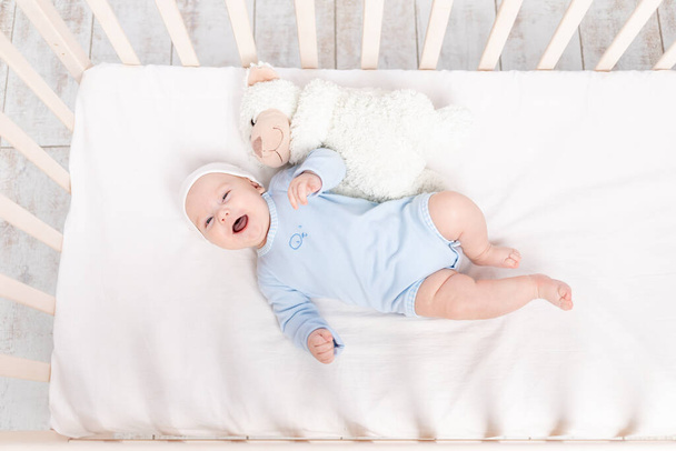 laughing baby in crib, cute baby 3 months with teddy bear toy, children and birth concept - Photo, Image