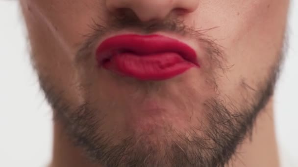 Jonge prachtige man met dikke zwarte baard, snor dragen make-up rode lippenstift, kneedt lippen geïsoleerd op witte achtergrond. close-up portret van metroseksuele of gay man binnen. - Video