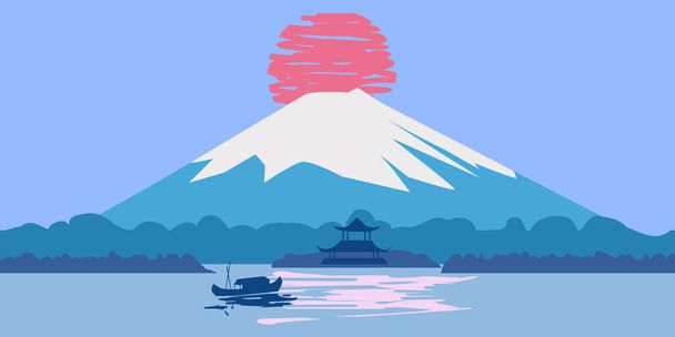 Fuji Mountain Sunrise landscape Japan panorama. Изолированный векторный плакат с изображениями азиатских храмов - Вектор,изображение