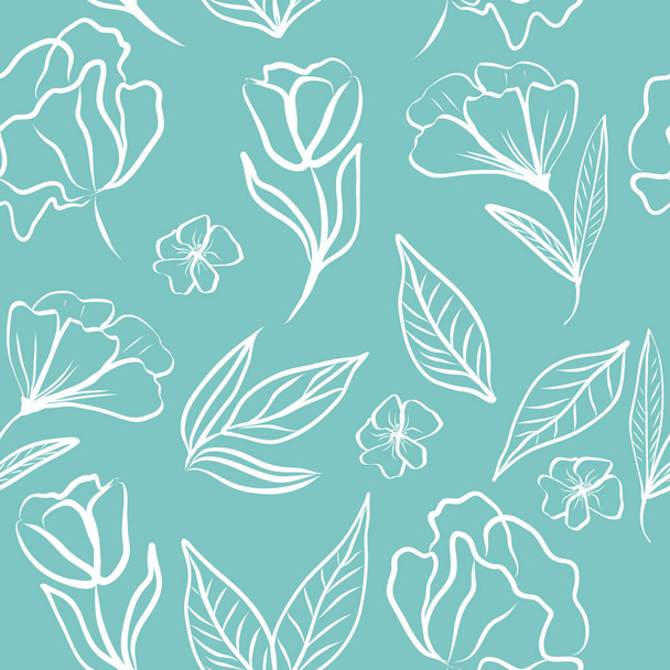 Nahtlose Muster weißer Hand zeichnen tropische Blätter und Blüten. Botanik Lichtvektor Hintergrund, Dschungel Tapete. - Vektor, Bild