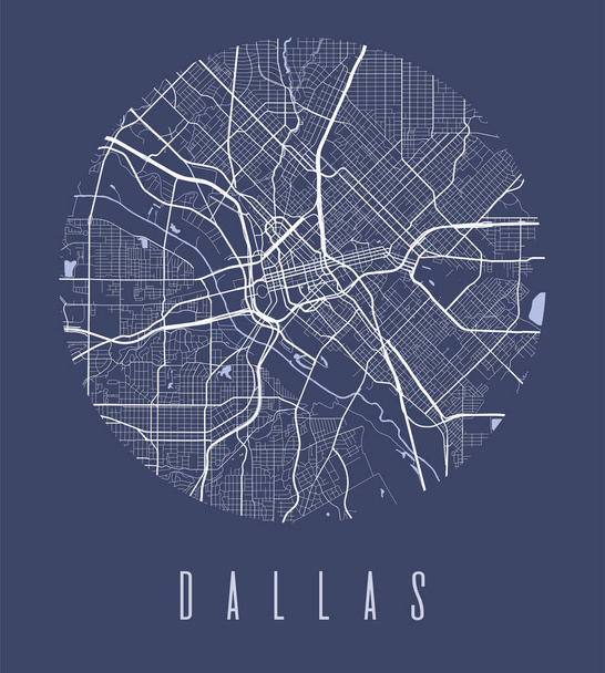 Афиша карты Далласа. декоративный дизайн карты города Даллас. силуэт панорамы города, типографский стиль. земля, река, шоссе, авеню. круглая векторная иллюстрация. - Вектор,изображение