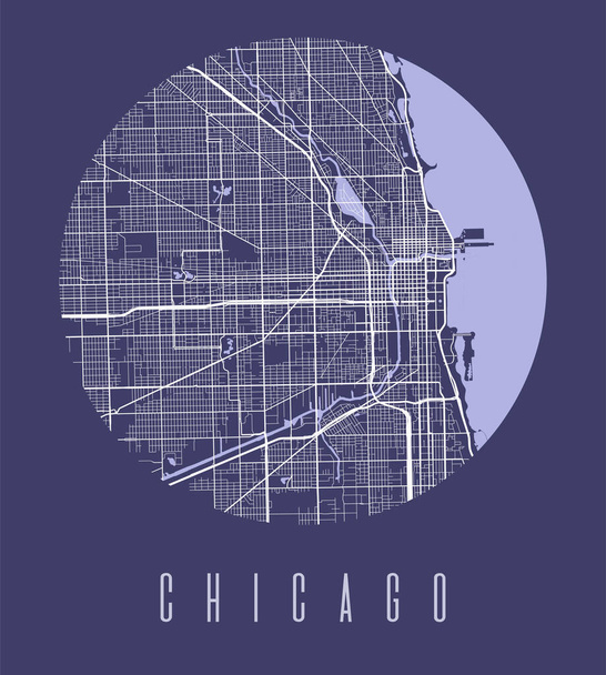 Chicago map poster. Decorative design street map of Chicago city. Cityscape aria panorama silhouette aerial view, typography style. Land, river, highways, avenue. Round circular vector illustration. - ベクター画像