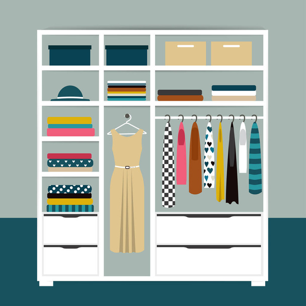 Capsule minimalistic open wardrobe. Wooden closet with tidy clothes, shirts, sweaters, boxes and shoes. Home interior. Flat design vector illustration. - Vektor, Bild