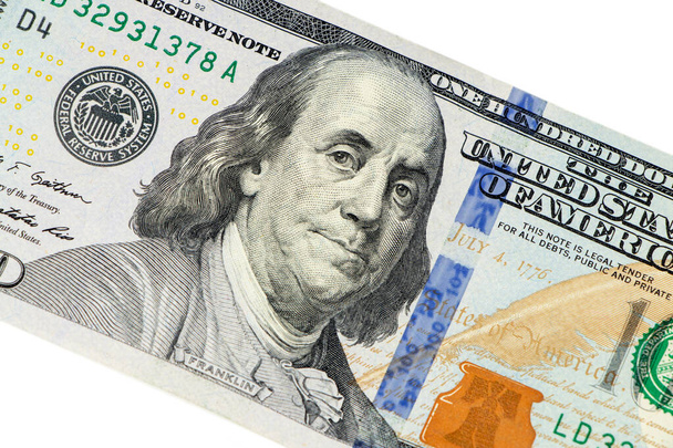 Porträt von Benjamin Franklin aus der Neuauflage eines Hundert-Dollar-Scheins. - Foto, Bild