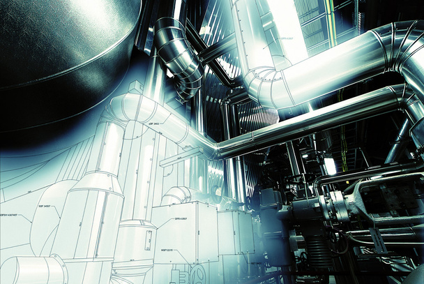 Промышленная зона, стальные трубопроводы, клапаны и лестницы - Фото, изображение
