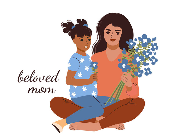 Egy fiatal anya megöleli a lányát, és virágcsokrot tart a kezében. Gyönyörű nő a gyerekével. Vektorillusztráció - Vektor, kép