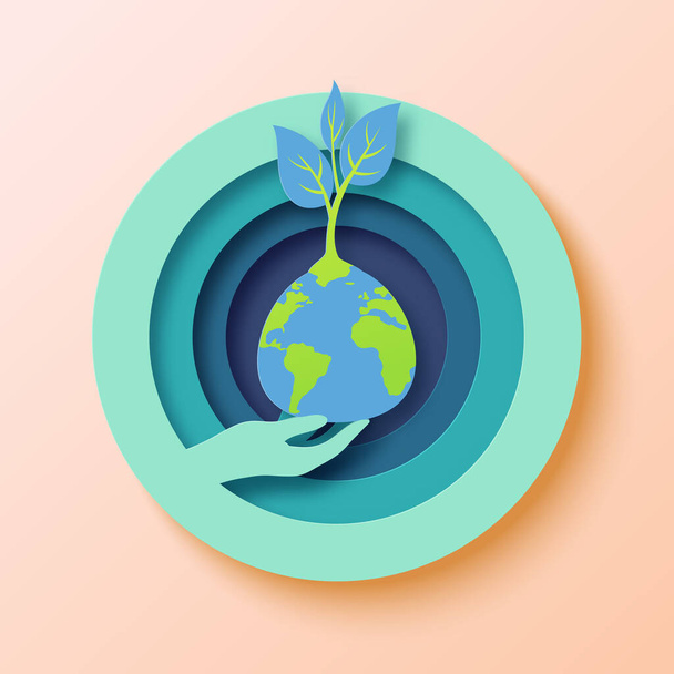 Red de wereld met de menselijke hand houden van de aarde en groeiende plant.Earth dag concept papier kunst stijl vector illustratie. - Vector, afbeelding