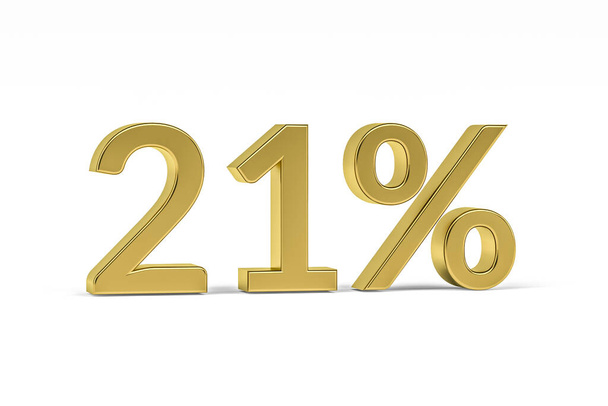 Einundzwanzig goldene Ziffern mit Prozentzeichen - 21% isoliert auf Weiß - 3D-Renderer - Foto, Bild