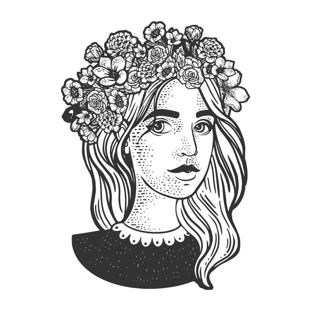 girl with flower wreath on her head sketch engraving vector illustration. T-shirt apparel print design. Scratch board imitation. Black and white hand drawn image. - Vektor, Bild
