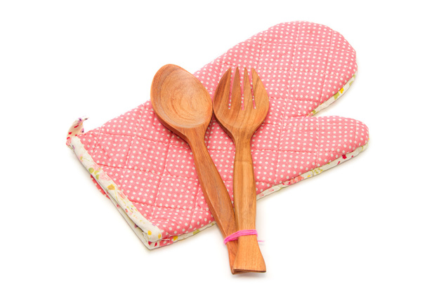 Holzlöffel und Gabel mit gestepptem Hitzeschutzhandschuh, Kitch - Foto, Bild