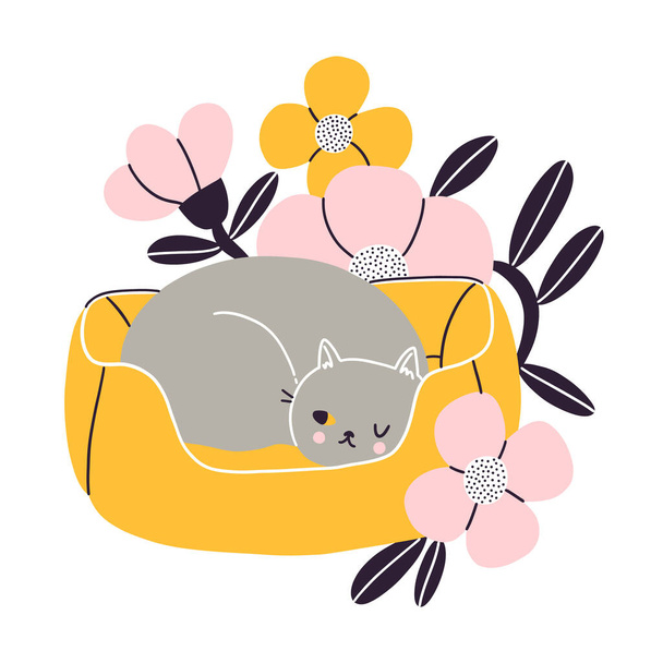 Rincón de siesta de gato, gato británico gris durmiendo en su cama de mascota con flores, ilustración vectorial aislada sobre fondo blanco - Vector, imagen