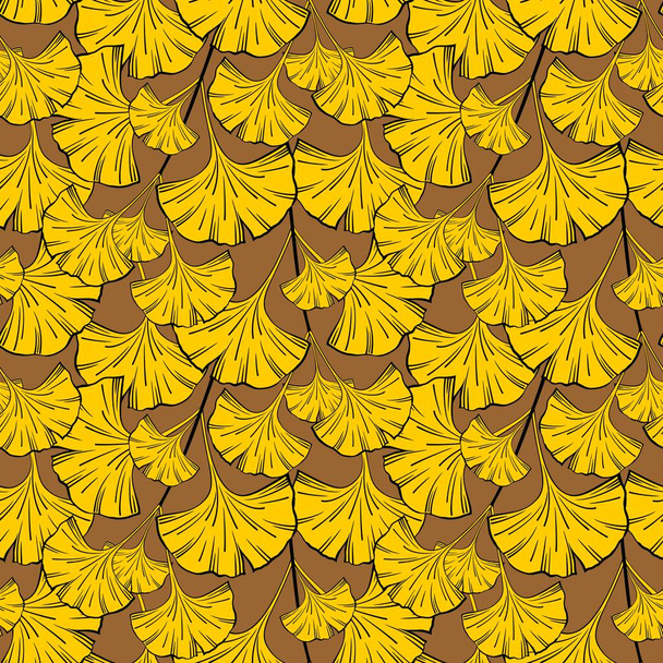 SEAMLESS PATTERN WITH YELLOW GINKGO BILOBA LEAVES ON A GOLDEN BACKGROUND IN VECTOR - Wektor, obraz