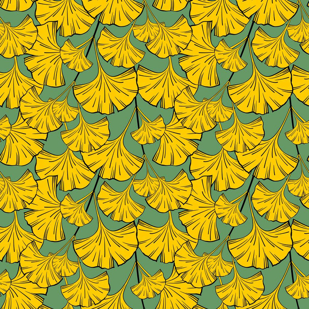 SEAMLESS PATTERN WITH YELLOW GINKGO BILOBA LEAVES ON A GREEN BACKGROUND IN VECTOR - Vector, imagen