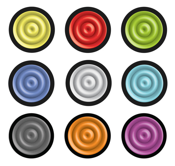 Zestaw dekoracyjnych spiralnych przycisków w kolorach palety. Przyciski linii czarne koła w formacie wektorowym i jpg. - Wektor, obraz